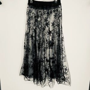 Romwe Sheer Embroidered Stars Maxi Skirt M Celestial Witchy Whimsigoth Goth Dark